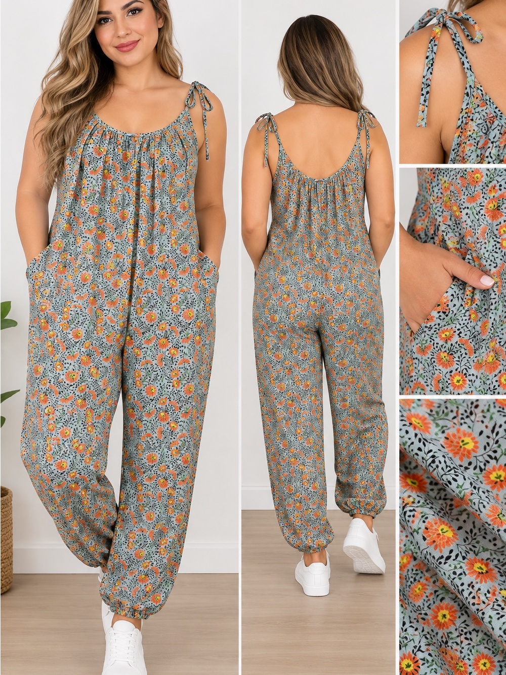 BUCKETLIST Sage Green Floral Tie-Shoulder Jumpsuit